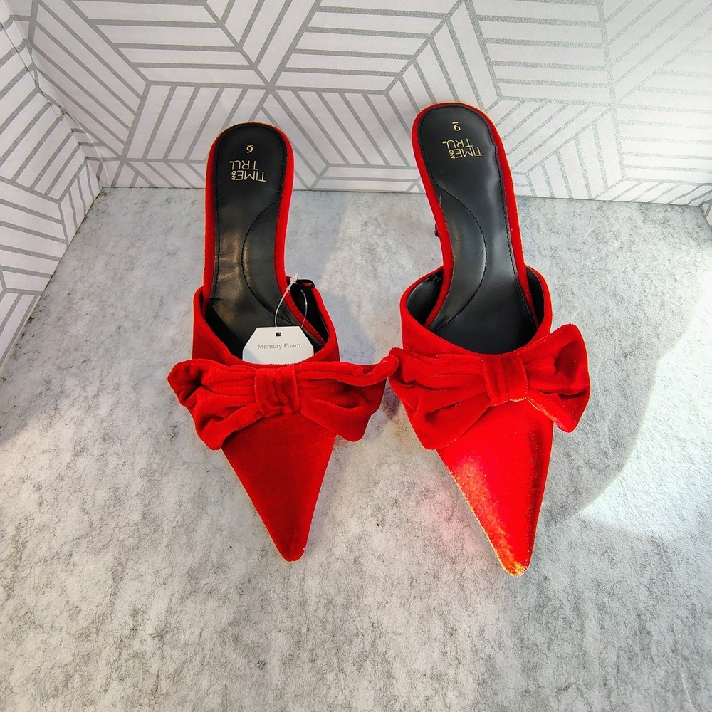Women's Red Velvet Bow Sz 9 Mule Sexy‎ Party Shoes High Heels Eveningwear - Picture 2 of 7